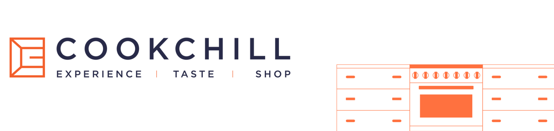 Logo of "cookchill" featuring the tagline "experience | taste | shop | contact us" with stylized kitchen elements such as a calendar and oven.