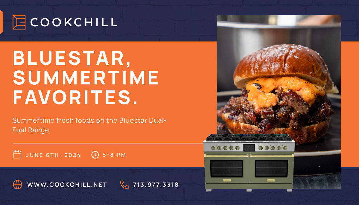 An advertisement for Bluestar kitchen cooking ranges featuring a gourmet burger, highlighting summertime dishes.