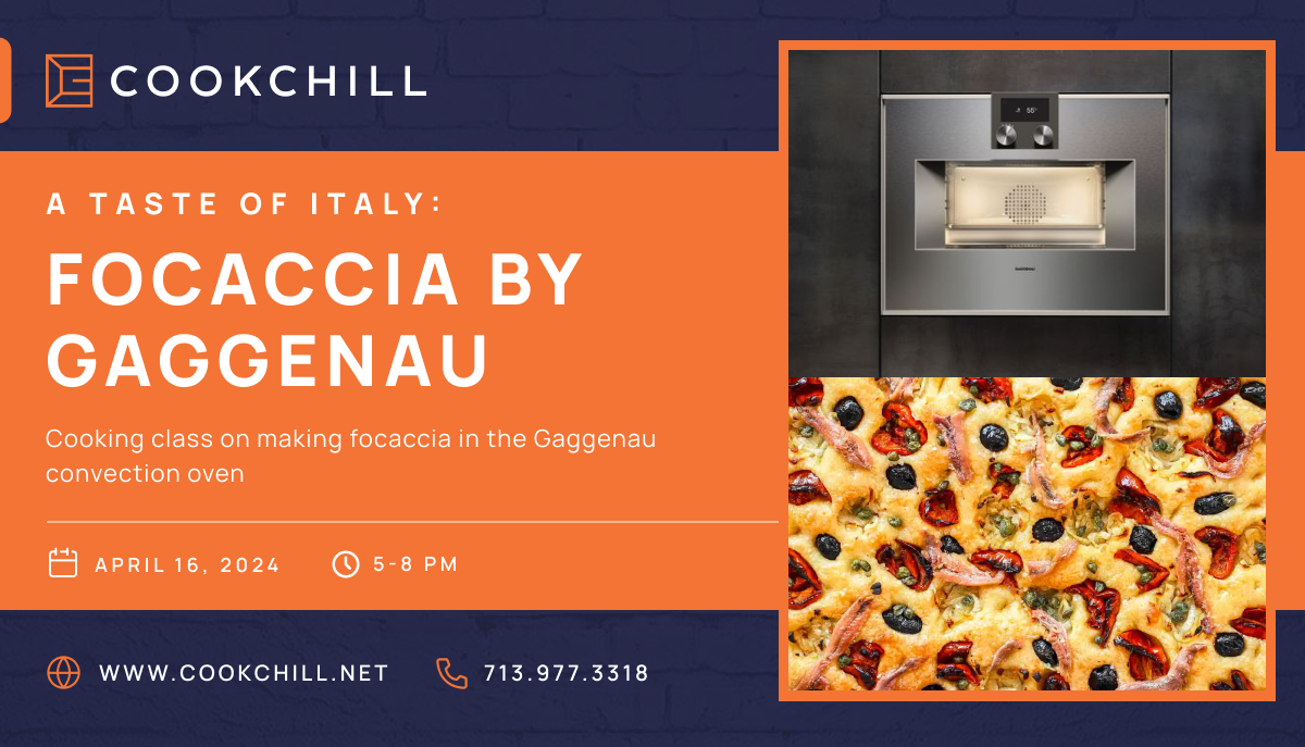 An advertisement for a Taste of Italy focaccia cooking class featuring a Gaggenau oven and an image of freshly baked focaccia.