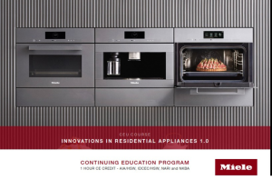 Miele Connected Kitchen appliances including an oven, steam oven, and warming drawer built into a modern gray cabinetry, with an advertisement for a continuing education program.