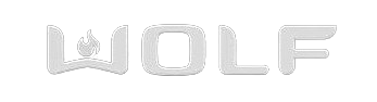 Black background with the word "wolf" in white uppercase letters, incorporating a flame design in place of the letter "o", highlighting luxury kitchen appliances.