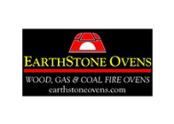 A logo of earthstone ovens, featuring text that outlines the types of ovens they offer: wood, gas, and coal fire, along with their website address.