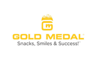 Logo of gold medal featuring a stylized popcorn graphic with the tagline "snacks, smiles & success.