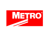 Logo of metro featuring red background with white lettering.