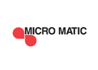Logo of "micro matic" featuring red geometric shapes next to the text.