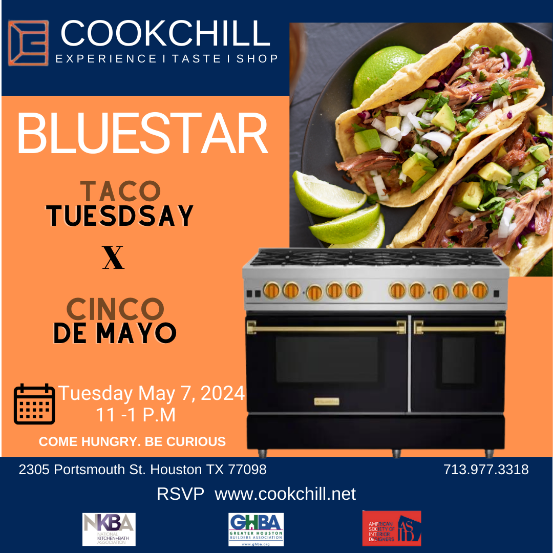 Promotional poster for Taco Tuesday event on May 7, 2024, featuring tacos, event details, and an image of a BlueStar professional kitchen range.